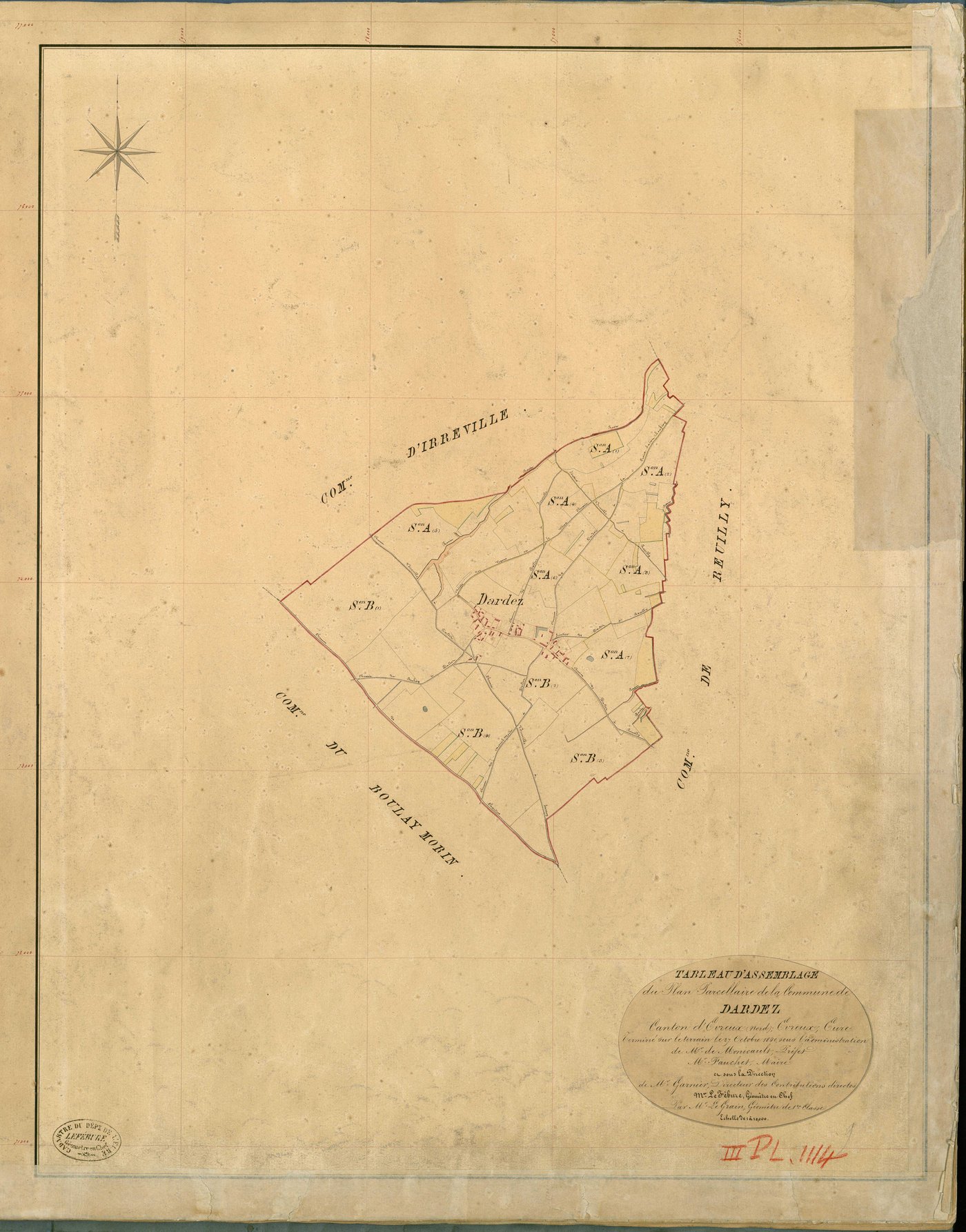 Dardez. Tableau d'assemblage _ du Plan Parcellaire de la Commune du Chapelle de Dardez _ Canton de Evreux (nord) - Evreux - Eure. _ Terminé sur le Terrain le 29 Octobre 1840 , sous l'administration de M. de Monicault, Préfet _ M. Fauchet, M