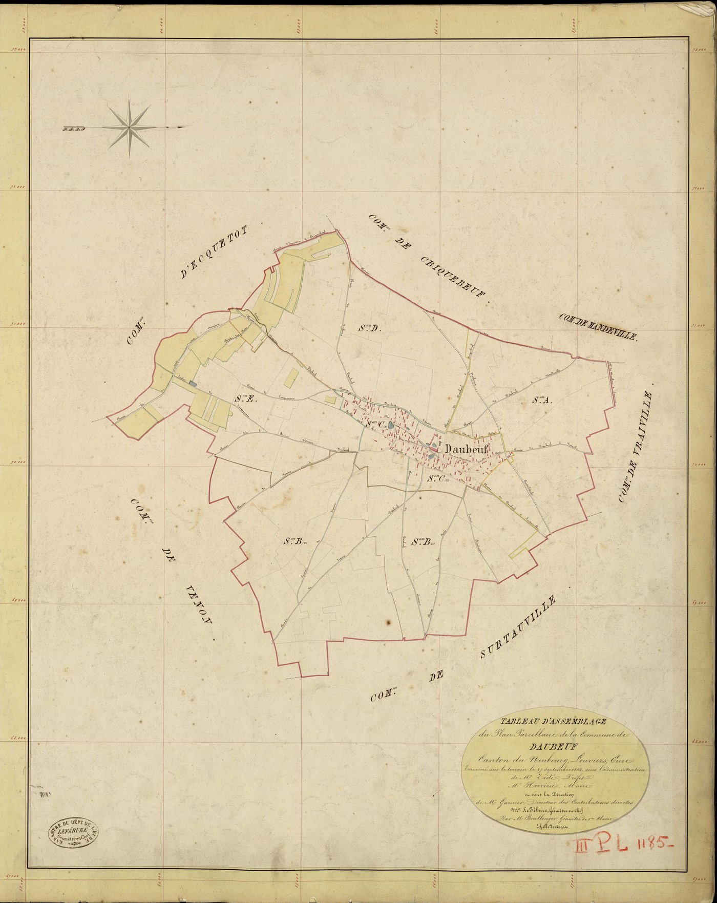 Daubeuf-la-Campagne. Tableau d'assemblage _ du Plan Parcellaire de la Commune de Daubeuf la Vieille _ Canton de Neubourg - Louviers - Eure. _ Terminé sur le Terrain le 27 Septembre 1844, sous l'administration de M. Zédé, Préfet _ M. Hervieu