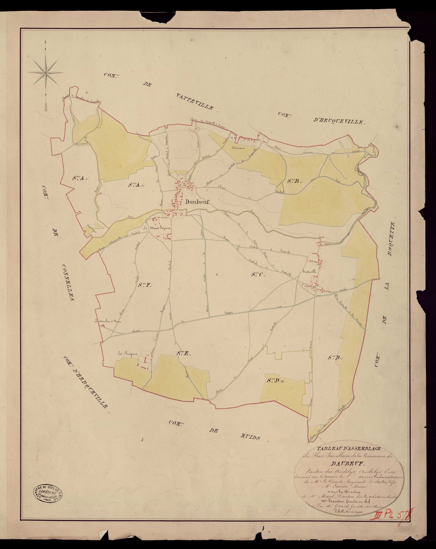 Daubeuf-près-Vatteville. Tableau d'assemblage du Plan Parcellaire de la Commune de Daubeuf. _ Canton des Andelys - Andelys - Eure. _ Terminé sur le terrain en 1830, sous l'administration de M. Le Vicomte Raymond Delaitre, Préfet - M. Carriè