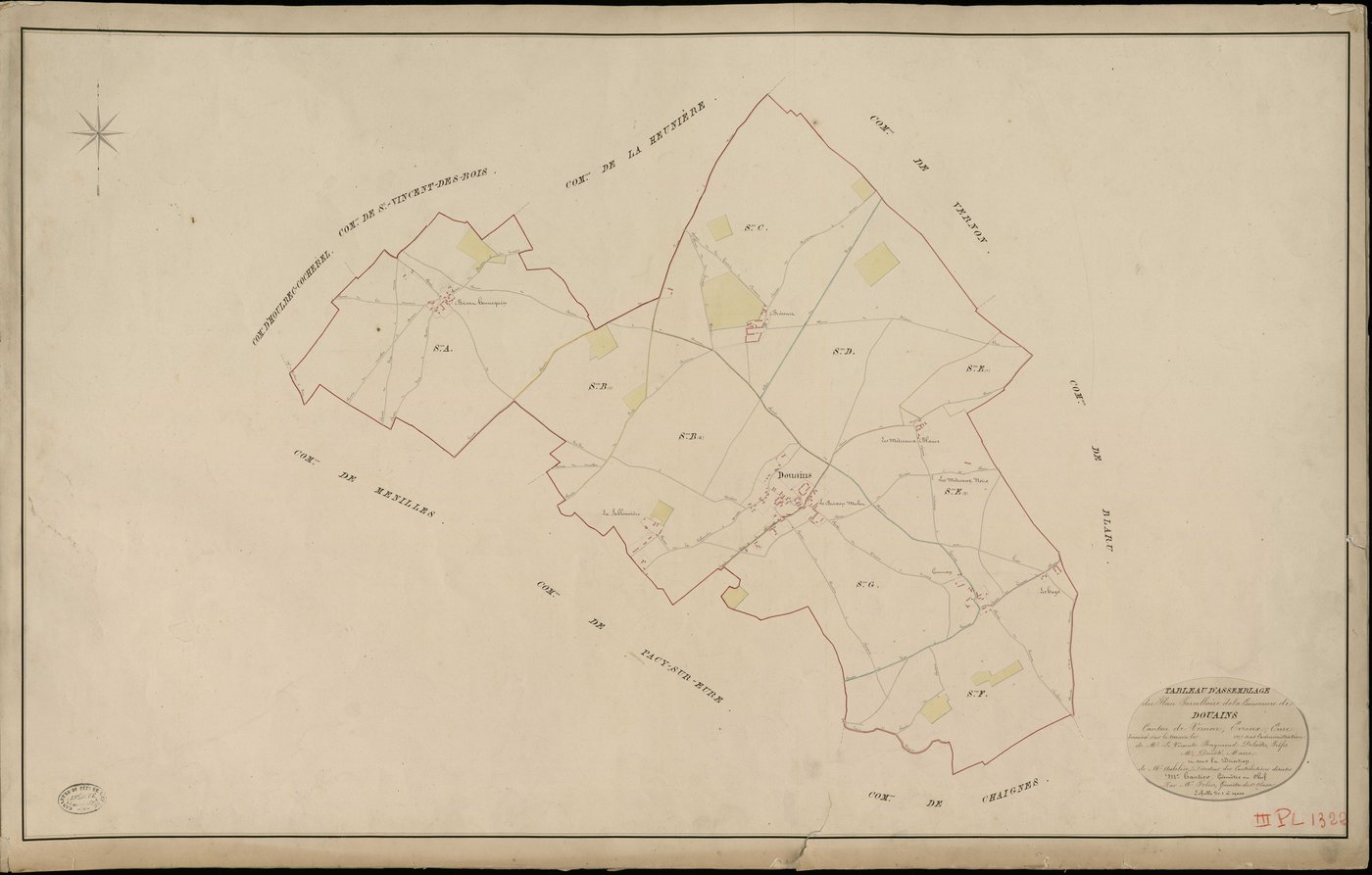 Douains. Tableau d'assemblage _ du Plan Parcellaire de la Commune de Douains _ Canton de Vernon - Evreux - Eure. _ Terminé sur le Terrain en 1825, sous l'administration de M. Le Vicomte Raymond Delaitre, Préfet _ M. Ducôté, Maire _ et sous 