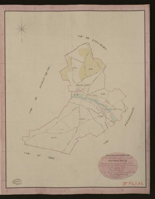 Doudeauville-en-Vexin. Tableau d'assemblage du Plan Parcellaire de la Commune de Doudeauville. _ Canton d'Etrépagny - Andelys - Eure. _ Terminé sur le terrain le 16 mai 1850, sous l'administration de M. Guyot, Préfet - M. Delaruelle, Maire 