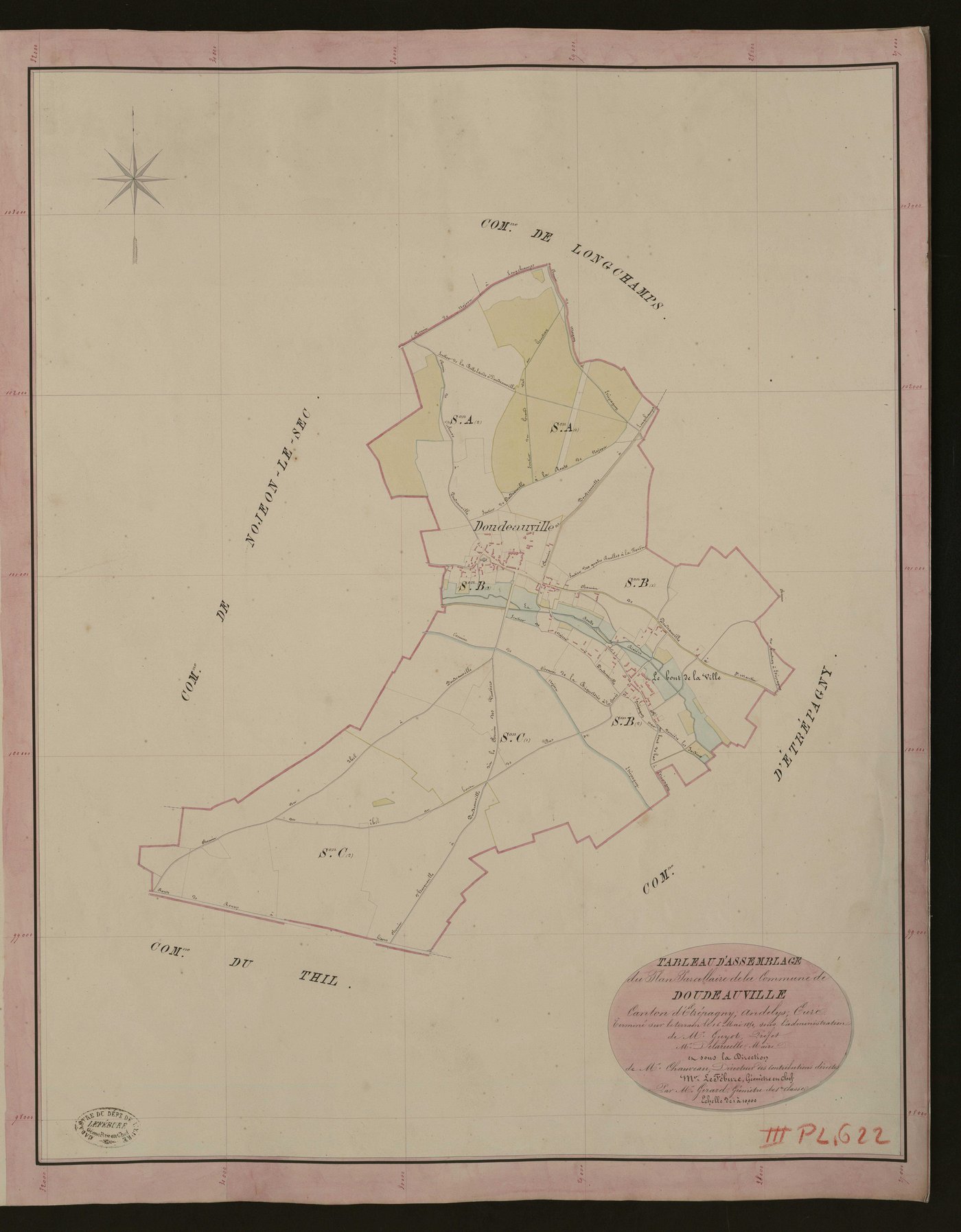 Doudeauville-en-Vexin. Tableau d'assemblage du Plan Parcellaire de la Commune de Doudeauville. _ Canton d'Etrépagny - Andelys - Eure. _ Terminé sur le terrain le 16 mai 1850, sous l'administration de M. Guyot, Préfet - M. Delaruelle, Maire 