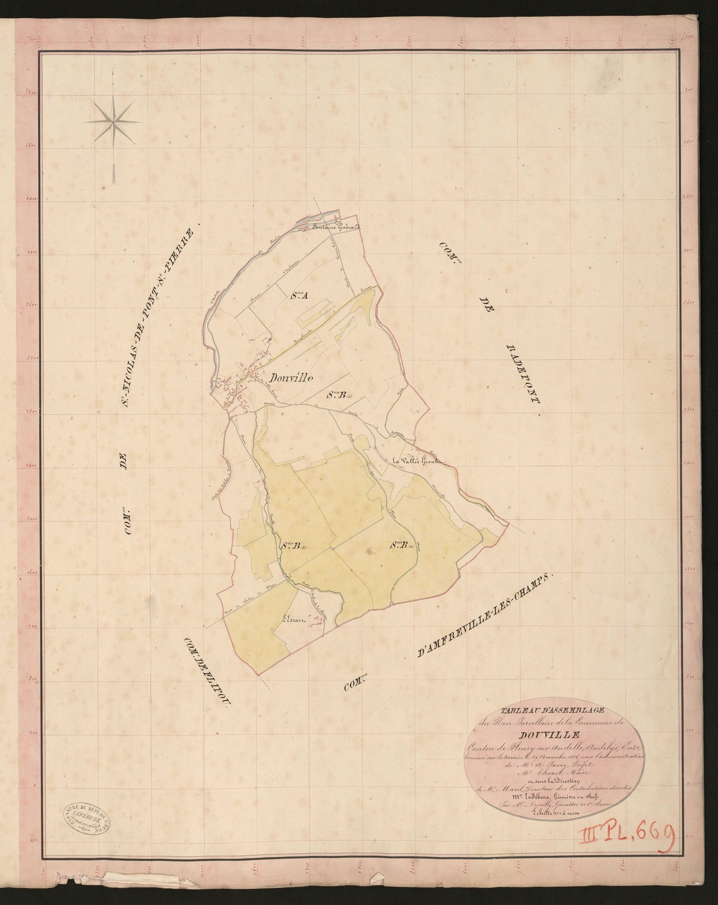 Douville-sur-Andelle. Tableau d'assemblage du Plan Parcellaire de la Commune de Douville. _ Canton de Fleury-sur-Andelle - Andelys - Eure. _ Terminé sur le terrain le 29 novembre 1836, sous l'administration de M. A. Passy, Préfet - M. Thoue