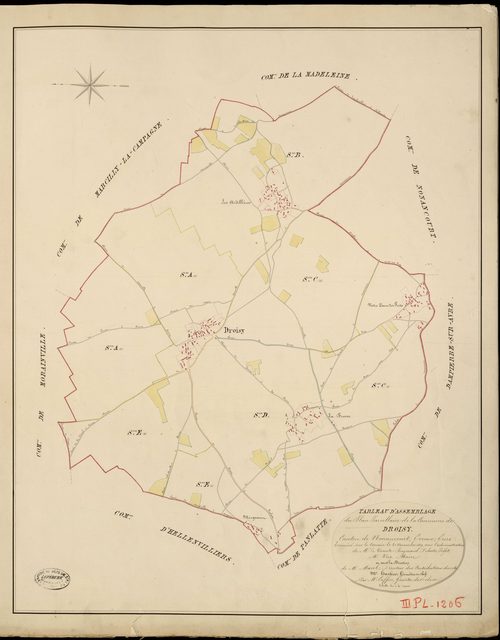 Droisy. Tableau d'assemblage _ du Plan Parcellaire de la Commune de Droisy _ Canton de Nonancourt - Evreux - Eure. _ Terminé sur le Terrain le 30 Novembre 1829, sous l'administration de M. Le Vicomte Raymond Delaitre, Préfet _ M. Vicq, Mair