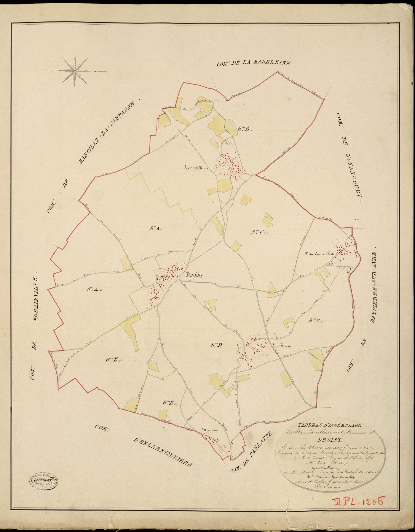 Droisy. Tableau d'assemblage _ du Plan Parcellaire de la Commune de Droisy _ Canton de Nonancourt - Evreux - Eure. _ Terminé sur le Terrain le 30 Novembre 1829, sous l'administration de M. Le Vicomte Raymond Delaitre, Préfet _ M. Vicq, Mair