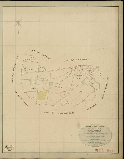 Duranville. Tableau d'assemblage _ du Plan Parcellaire de la Commune de Duranville _ Canton de Thiberville - Bernay - Eure. _ Terminé sur le Terrain le 30 Novembre 1846 , sous l'administration de M. Petit de Bantel, Préfet _ M. Dutheil, Mai