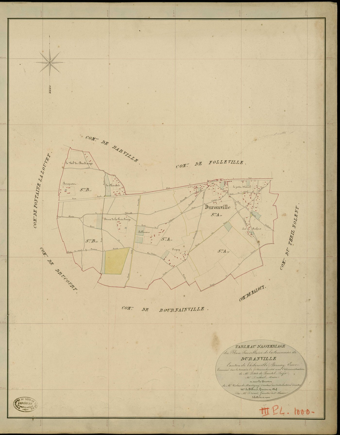 Duranville. Tableau d'assemblage _ du Plan Parcellaire de la Commune de Duranville _ Canton de Thiberville - Bernay - Eure. _ Terminé sur le Terrain le 30 Novembre 1846 , sous l'administration de M. Petit de Bantel, Préfet _ M. Dutheil, Mai