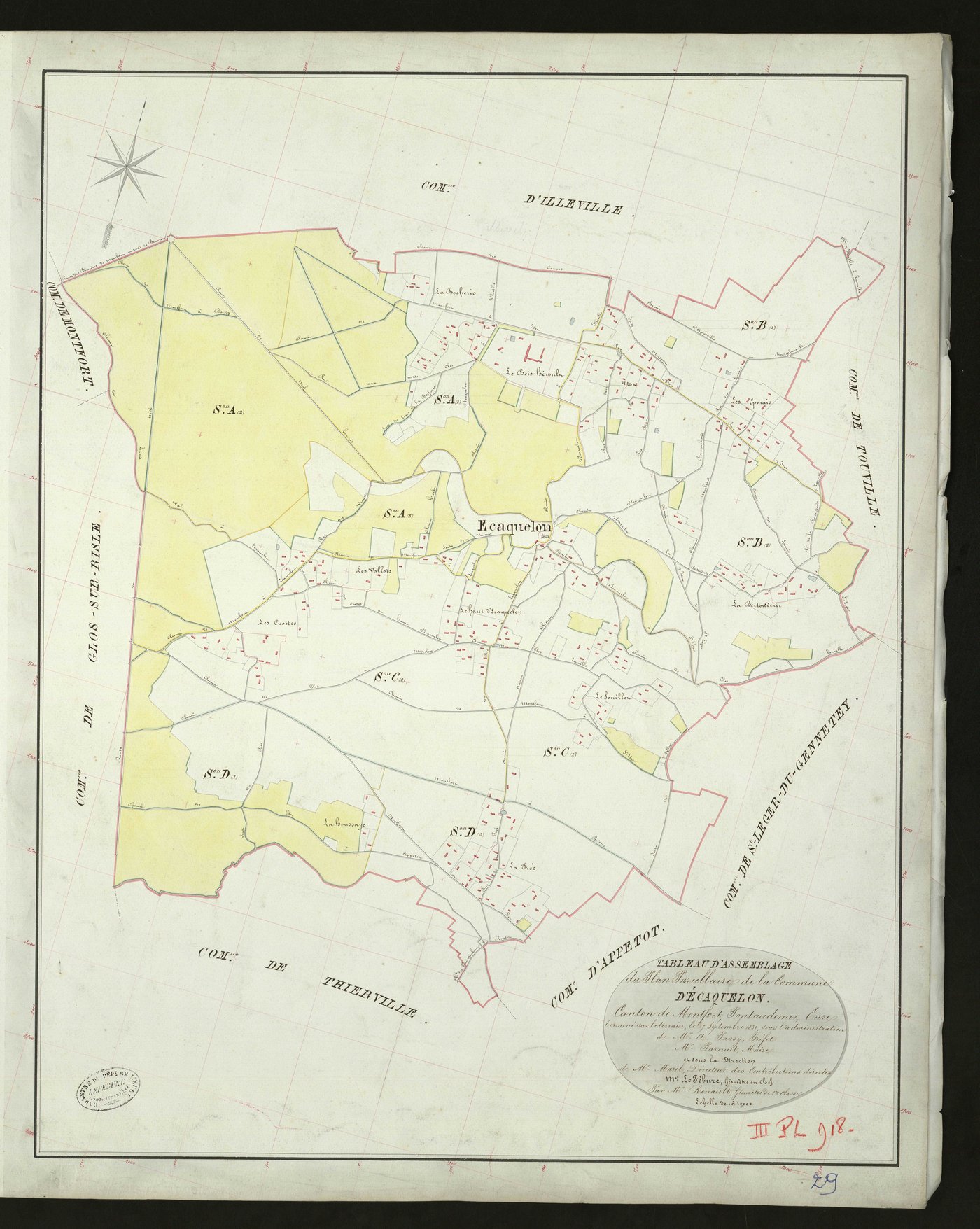 Ecaquelon. Tableau d'assemblage _ du Plan Parcellaire de la Commune d'Ecaquelon _ Canton de Montfort - Pontaudemer - Eure. _ Terminé sur le Terrain le 27 septembre 1831, sous l'administration de M. A Passy, Préfet _ M. Parnuit, Maire _ sous