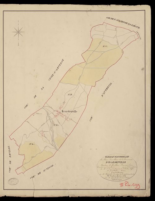 Ecardenville-sur-Eure. Tableau d'assemblage du Plan Parcellaire de la Commune d'Ecardenville. _ Canton de Gaillon - Louviers - Eure. _ Terminé sur le terrain en 1829, sous l'administration de M. Le Vicomte Raymond Delaitre, Préfet - M. Gorg