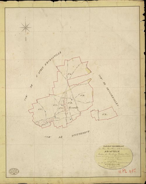 Ecauville. Tableau d'assemblage _ du Plan Parcellaire de la Commune d'Ecauville _ Canton de Neubourg - Louviers - Eure. _ Terminé sur le Terrain le 24 Aout 1844, sous l'administration de M. Zédé, Préfet _ M. Duperron, Maire _ et sous la Dir