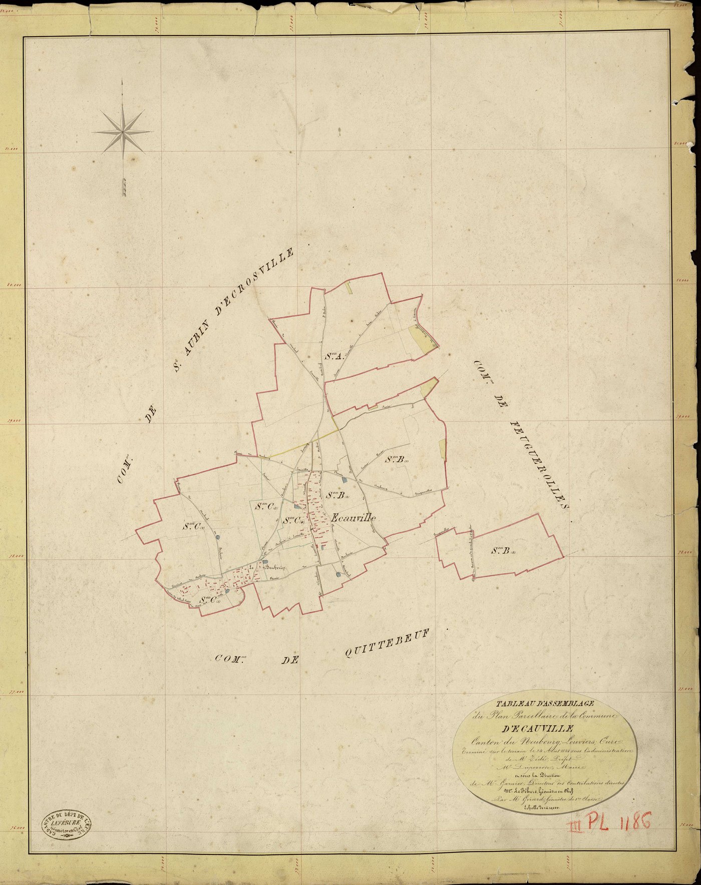 Ecauville. Tableau d'assemblage _ du Plan Parcellaire de la Commune d'Ecauville _ Canton de Neubourg - Louviers - Eure. _ Terminé sur le Terrain le 24 Aout 1844, sous l'administration de M. Zédé, Préfet _ M. Duperron, Maire _ et sous la Dir