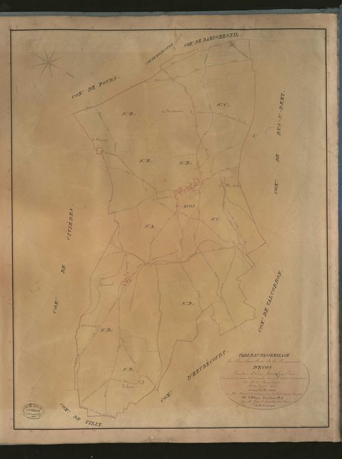 Ecos. Tableau d'assemblage du Plan Parcellaire de la Commune d'Ecos. _ Canton d'Ecos - Andelys, Eure. _ Terminé sur le terrain le 13 décembre 1830, sous l'administration de M. A. Passy, Préfet - M. de Fayet, Maire et sous la direction de M.
