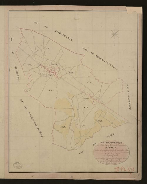 Ecouis. Tableau d'assemblage du Plan Parcellaire de la Commune d'Ecouis. _ Canton de Fleury-sur-Andelle - Andelys - Eure. _ Terminé sur le terrain le 1re juin 1835, sous l'administration de M. A. Passy, Préfet - M. Langlois, Maire et sous l