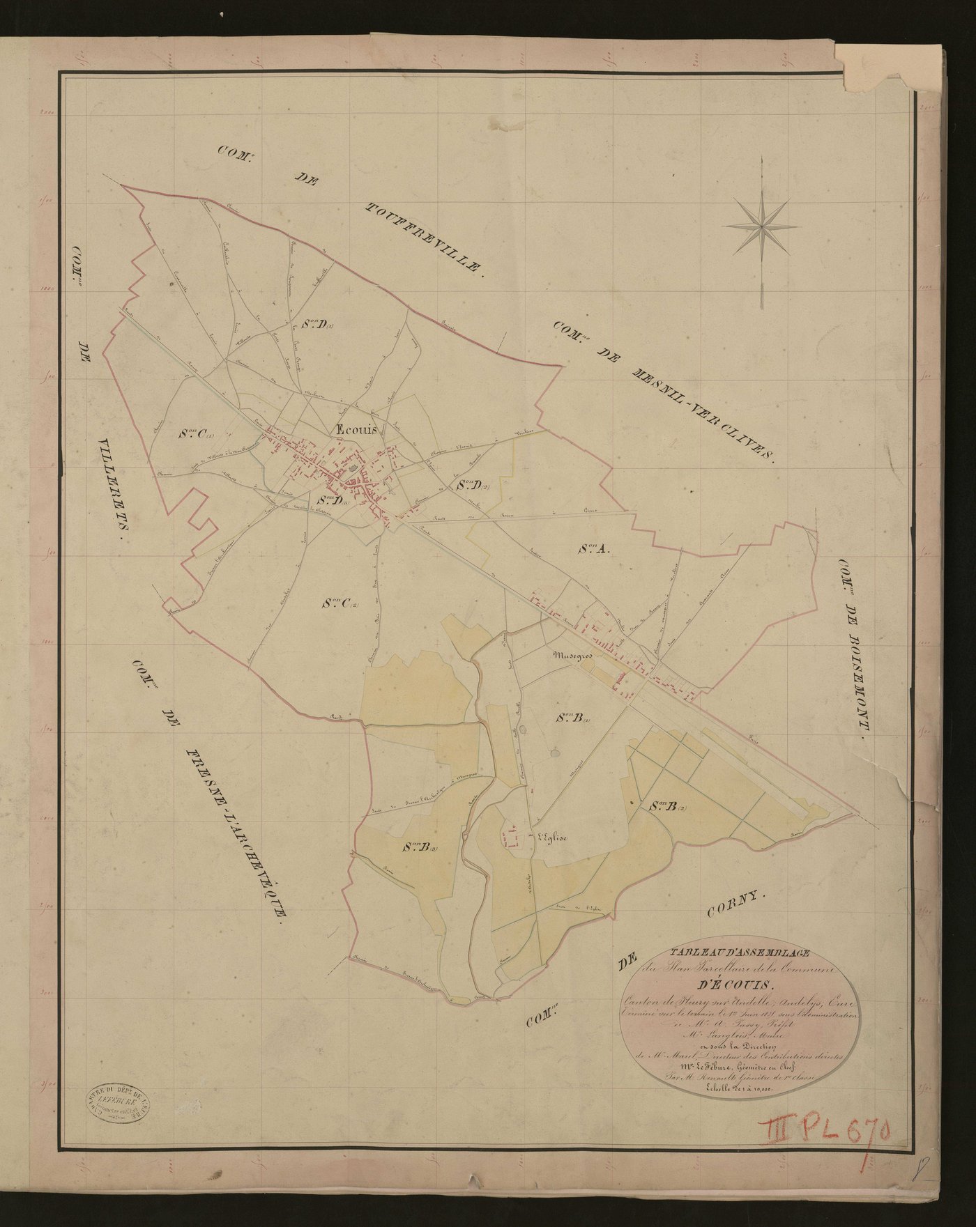 Ecouis. Tableau d'assemblage du Plan Parcellaire de la Commune d'Ecouis. _ Canton de Fleury-sur-Andelle - Andelys - Eure. _ Terminé sur le terrain le 1re juin 1835, sous l'administration de M. A. Passy, Préfet - M. Langlois, Maire et sous l