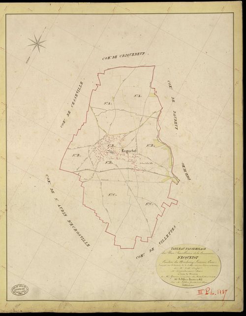 Ecquetot. Tableau d'assemblage _ du Plan Parcellaire de la Commune d'Ecquetot _ Canton de Neubourg - Louviers - Eure. _ Terminé sur le Terrain le 30 Octobre 1843, sous l'administration de M. Zédé, Préfet _ M. Duquatremare, Maire _ et sous l
