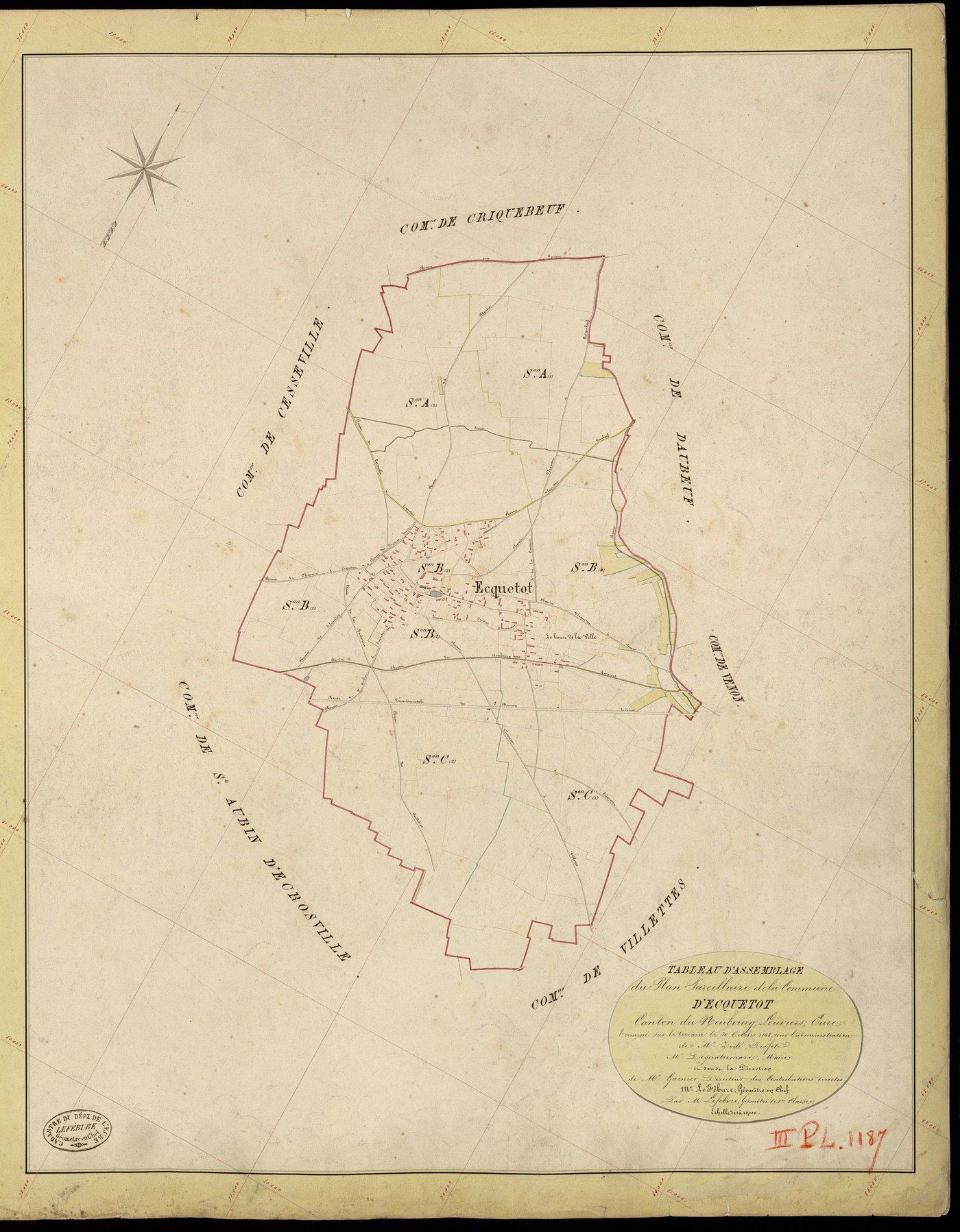Ecquetot. Tableau d'assemblage _ du Plan Parcellaire de la Commune d'Ecquetot _ Canton de Neubourg - Louviers - Eure. _ Terminé sur le Terrain le 30 Octobre 1843, sous l'administration de M. Zédé, Préfet _ M. Duquatremare, Maire _ et sous l