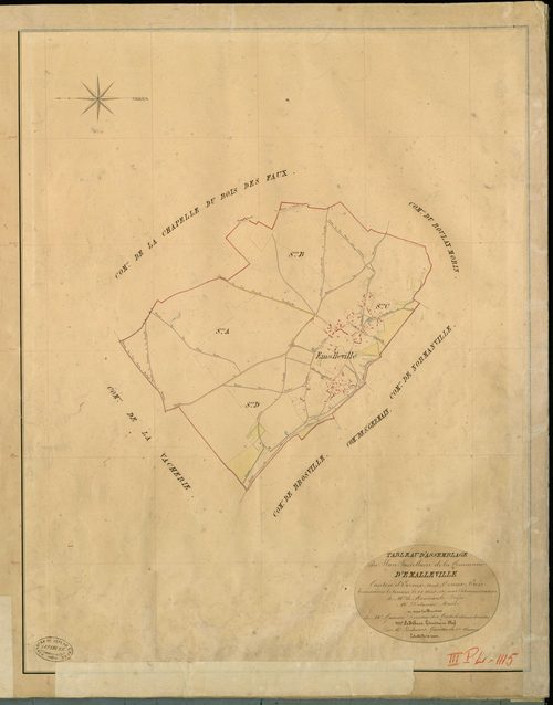 Emalleville. Tableau d'assemblage _ du Plan Parcellaire de la Commune d'Emailleville _ Canton de Evreux (nord) - Evreux - Eure. _ Terminé sur le Terrain le 29 Aout 1841 , sous l'administration de M. de Monicault, Préfet _ M. Delacour, Maire