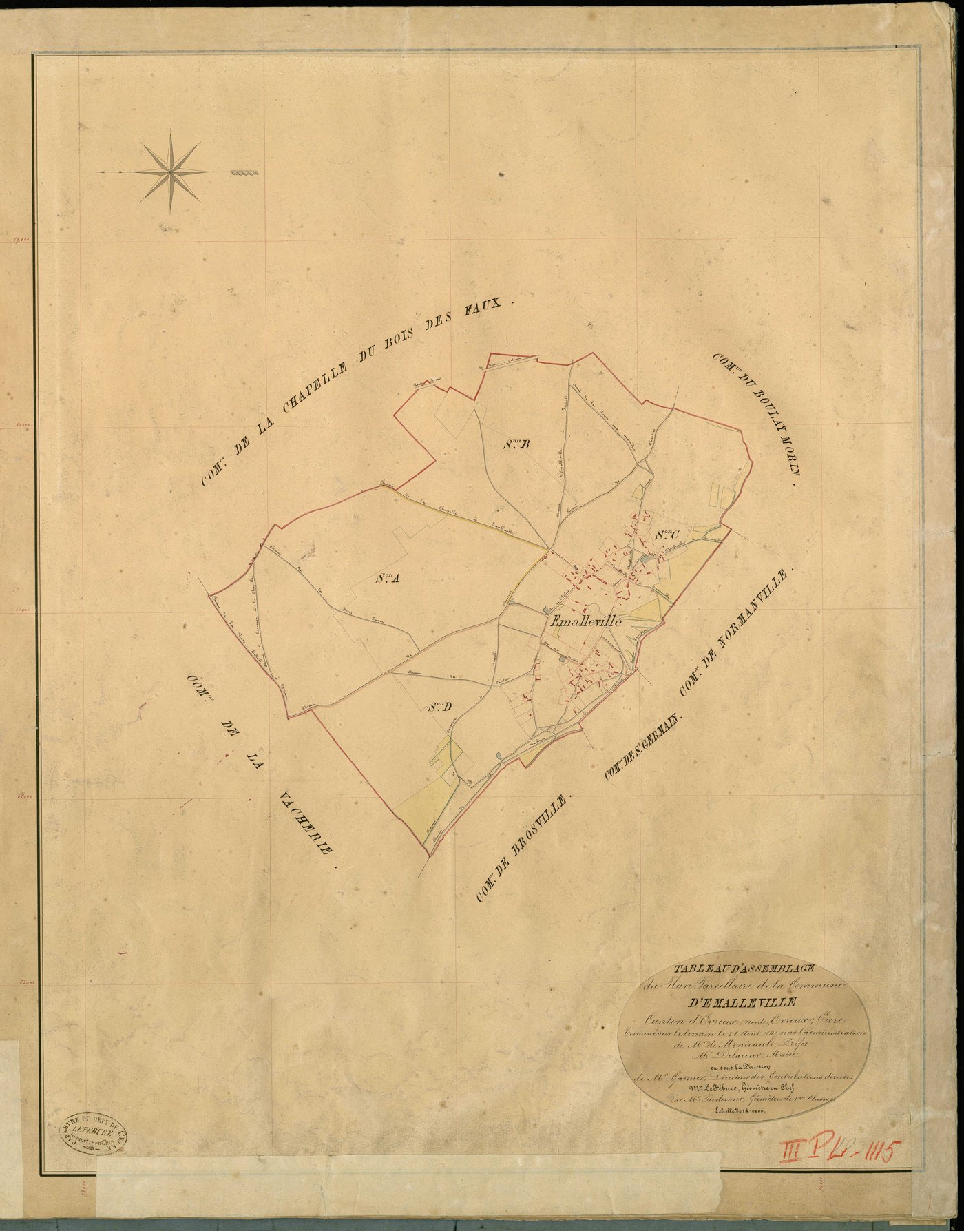 Emalleville. Tableau d'assemblage _ du Plan Parcellaire de la Commune d'Emailleville _ Canton de Evreux (nord) - Evreux - Eure. _ Terminé sur le Terrain le 29 Aout 1841 , sous l'administration de M. de Monicault, Préfet _ M. Delacour, Maire