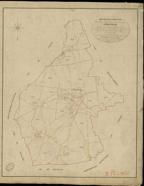 Emanville. Tableau d'assemblage _ du Plan Parcellaire de la Commune d'Emanville _ Canton de Conches - Evreux - Eure. _ Terminé sur le Terrain le 22 Novembre 1854 , sous l'administration de M. Le Marquis de Ste Croix, Préfet _ M. Siouret, Ma