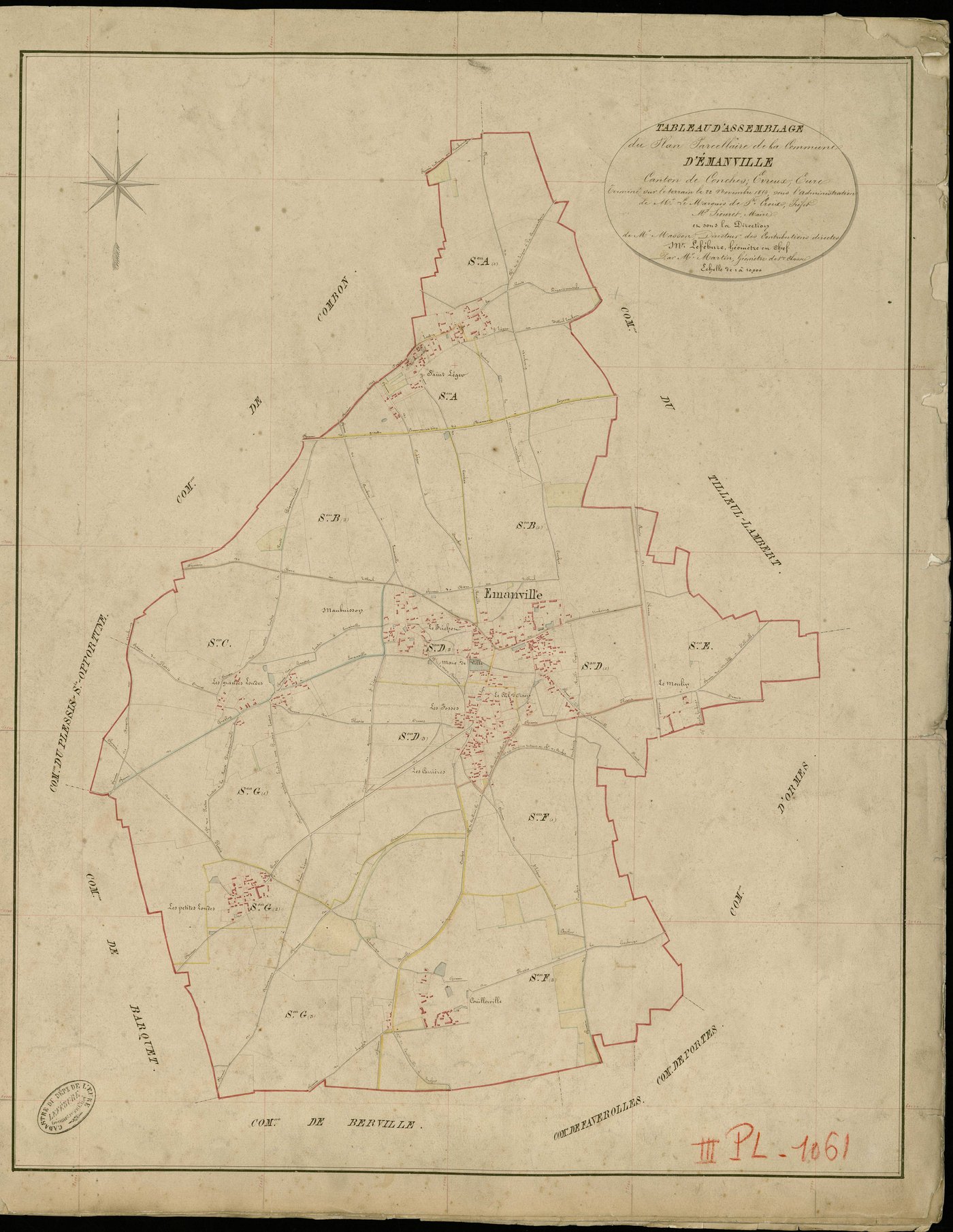 Emanville. Tableau d'assemblage _ du Plan Parcellaire de la Commune d'Emanville _ Canton de Conches - Evreux - Eure. _ Terminé sur le Terrain le 22 Novembre 1854 , sous l'administration de M. Le Marquis de Ste Croix, Préfet _ M. Siouret, Ma