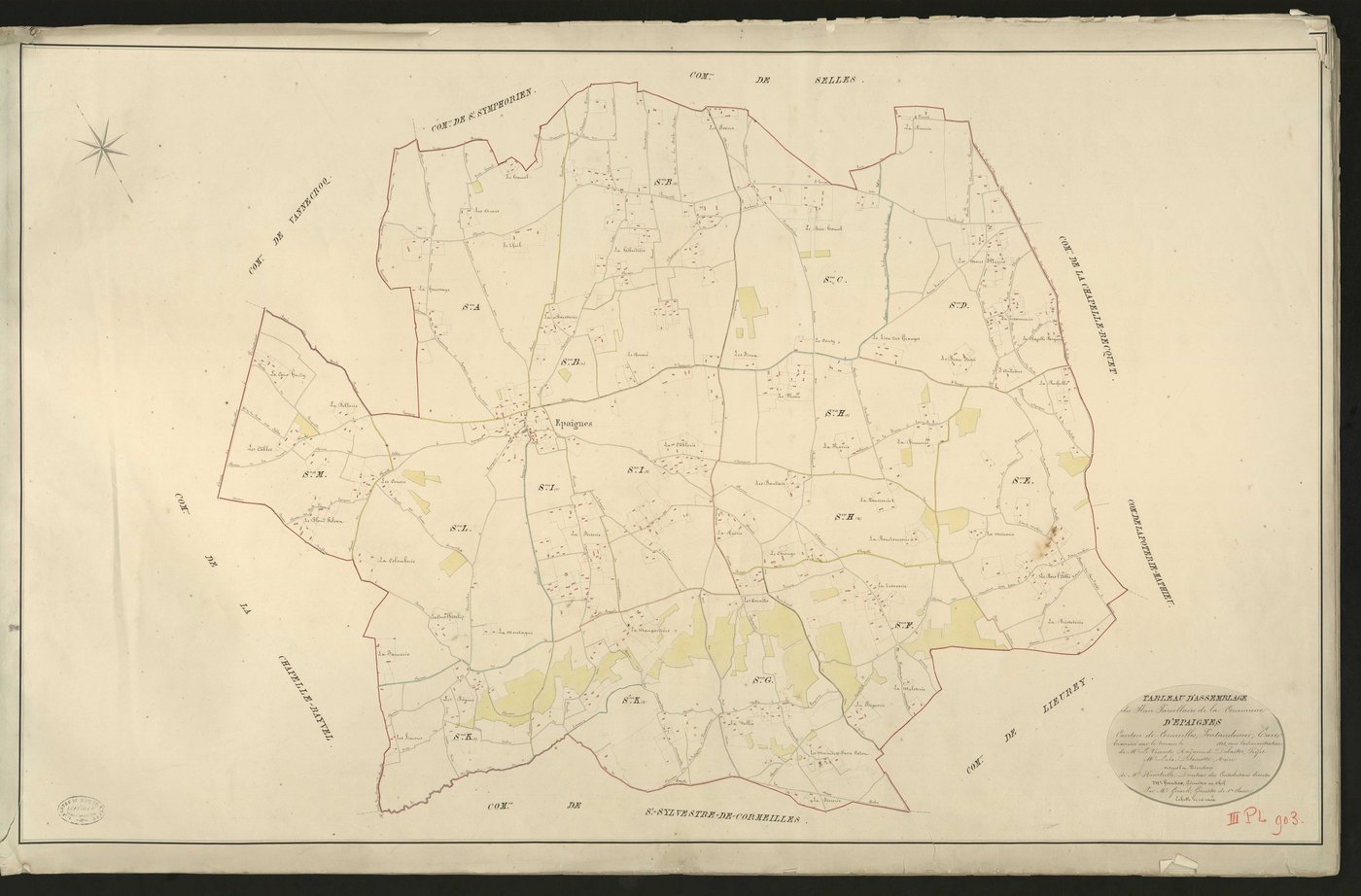 Epaignes. Tableau d'assemblage du Plan Parcellaire de la Commune d'Epaignes _ Canton de Cormeilles - Pont-Audemer - Eure _ Terminé sur le terrain le 1826, sous l'administration de M. Le Vicomte Raymond Delaitre, Préfet - M. Lulx Delamotte, 