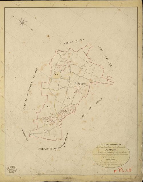 Epégard. Tableau d'assemblage _ du Plan Parcellaire de la Commune d'Epégard _ Canton de Neubourg - Louviers - Eure. _ Terminé sur le Terrain le 25 Novembre 1842, sous l'administration de M. Zédé, Préfet _ M. Bonneval, Maire _ et sous la Dir