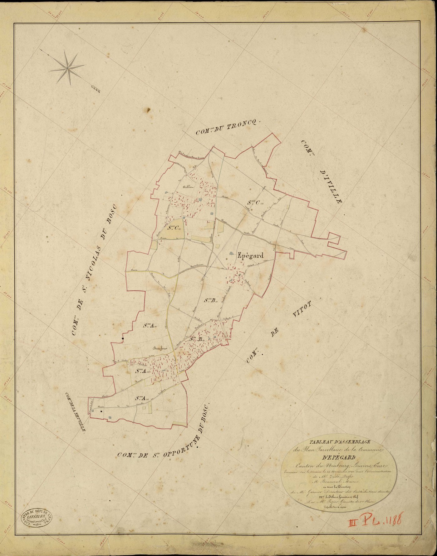 Epégard. Tableau d'assemblage _ du Plan Parcellaire de la Commune d'Epégard _ Canton de Neubourg - Louviers - Eure. _ Terminé sur le Terrain le 25 Novembre 1842, sous l'administration de M. Zédé, Préfet _ M. Bonneval, Maire _ et sous la Dir