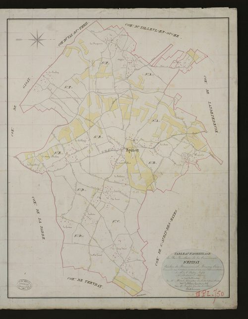 Epinay. Tableau d'assemblage _ du Plan Parcellaire de la Commune d'Epinay. _ Canton de Beaumesnil - Bernay - Eure. _ Terminé sur le terrain le 20 mars 1833 sous l'administration de M. A. Passy, Préfet _ M. Andrieu, maire _ en sous la Direct