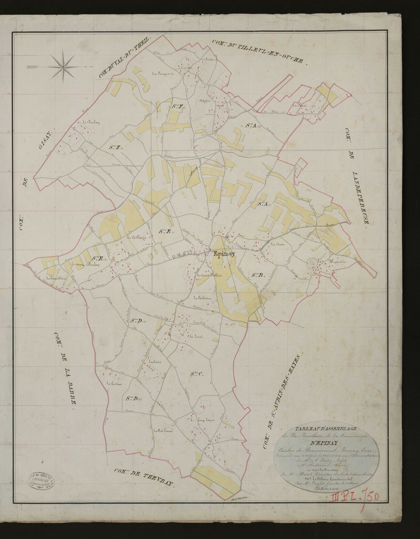 Epinay. Tableau d'assemblage _ du Plan Parcellaire de la Commune d'Epinay. _ Canton de Beaumesnil - Bernay - Eure. _ Terminé sur le terrain le 20 mars 1833 sous l'administration de M. A. Passy, Préfet _ M. Andrieu, maire _ en sous la Direct