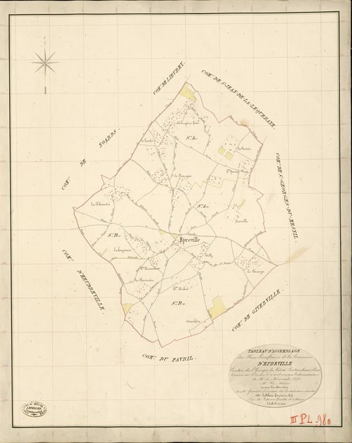 Epreville-en-Lieuvin. Tableau d'assemblage _ du Plan Parcellaire de la Commune d'Epreville _ Canton de St Georges-du-Vièvre - Pontaudemer - Eure. _ Terminé sur le Terrain le 21 Avril 1832 , sous l'administration de M. de Monicault, Préfet _