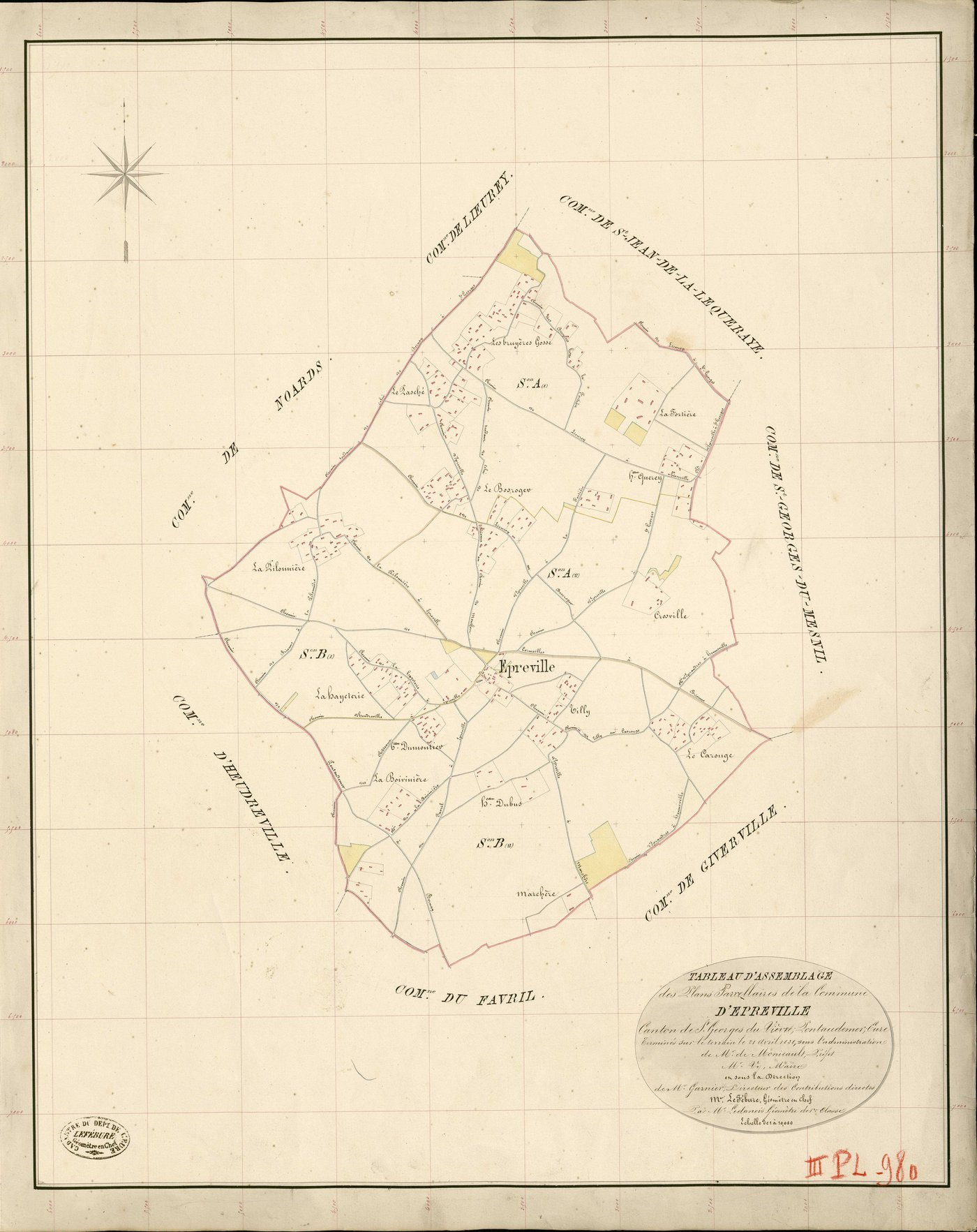 Epreville-en-Lieuvin. Tableau d'assemblage _ du Plan Parcellaire de la Commune d'Epreville _ Canton de St Georges-du-Vièvre - Pontaudemer - Eure. _ Terminé sur le Terrain le 21 Avril 1832 , sous l'administration de M. de Monicault, Préfet _
