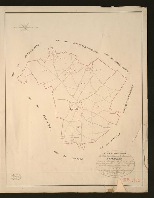 Epreville-en-Roumois. Tableau d'assemblage _ du Plan Parcellaire de la Commune d'Epreville _ Canton de Bourgtheroulde - Pontaudemer - Eure. _ Terminé sur le terrain en 1828, sous l'administration de M.le Vicomte Raymond Delaitre, Préfet _ M