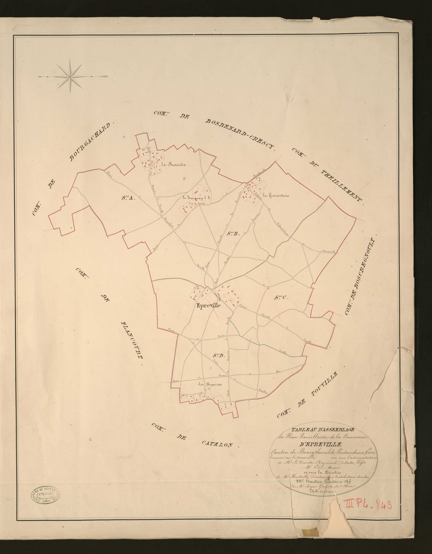 Epreville-en-Roumois. Tableau d'assemblage _ du Plan Parcellaire de la Commune d'Epreville _ Canton de Bourgtheroulde - Pontaudemer - Eure. _ Terminé sur le terrain en 1828, sous l'administration de M.le Vicomte Raymond Delaitre, Préfet _ M