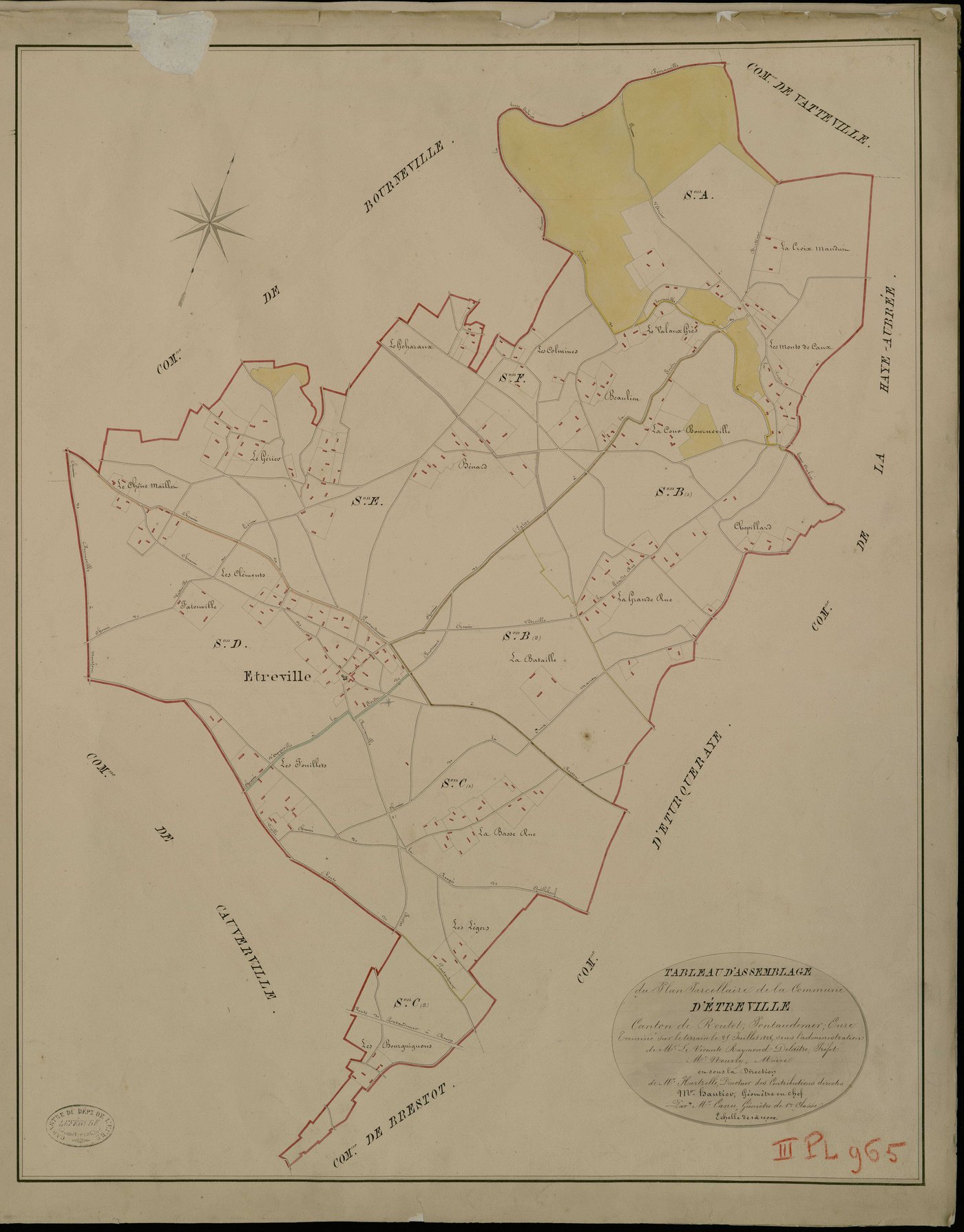 Etreville. Tableau d'assemblage _ du Plan Parcellaire de la Commune d'Etreville _ Canton de Routot - Pontaudemer - Eure. _ Terminé sur le Terrain le 25 juillet 1826 , sous l'administration de M.Le Vicomte Raymond Delaitre, Préfet _ M. Nourr