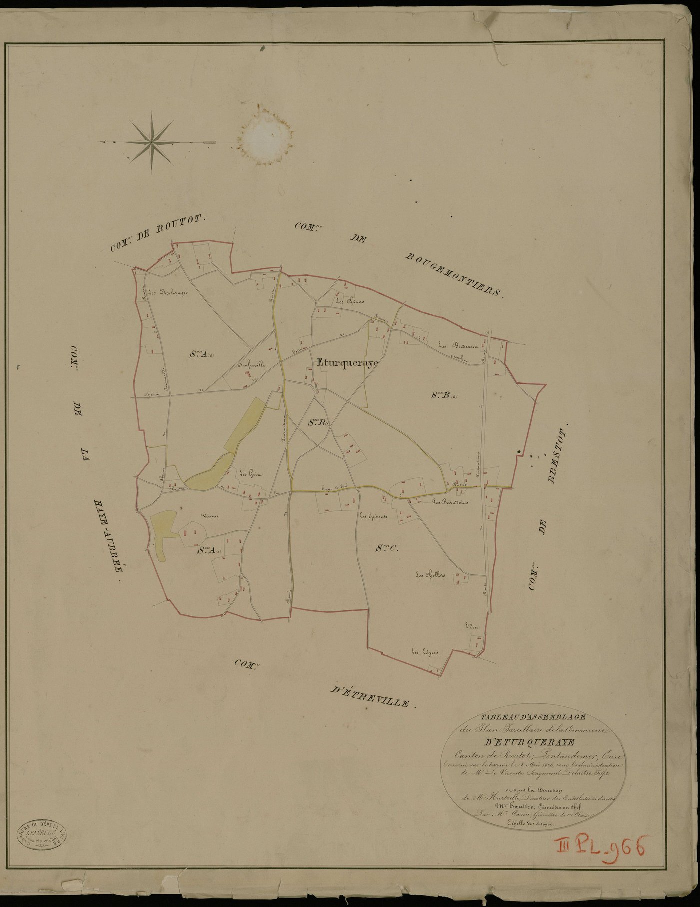 Eturqueraye. Tableau d'assemblage _ du Plan Parcellaire de la Commune d'Eturqueraye _ Canton de Routot - Pontaudemer - Eure. _ Terminé sur le Terrain le 8 mai 1826 , sous l'administration de M.Le Vicomte Raymond Delaitre, Préfet _ sous la D