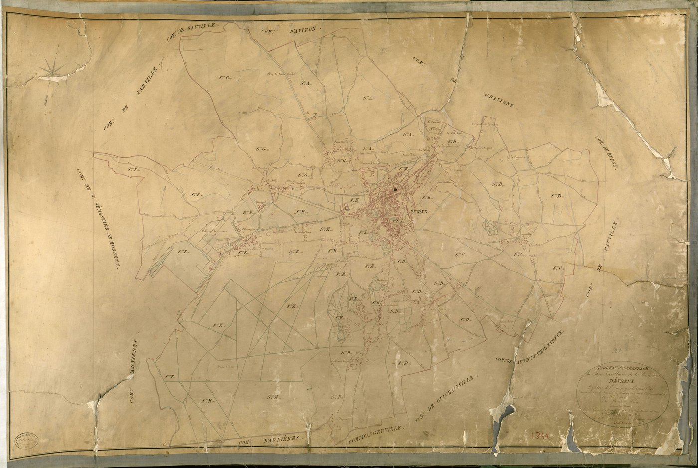 Evreux. Tableau d'assemblage _ du Plan Parcellaire de la Commune d'Evreux _ Canton de Evreux (nord) - Evreux - Eure. _ Terminé sur le Terrain le 4 Mars 1844 , sous l'administration de M. Zédé, Préfet _ M. L'hopital, Maire _ sous la Directio