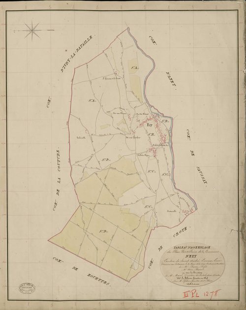Ezy-sur-Eure. Tableau d'assemblage _ du Plan Parcellaire de la Commune d'Ezy _ Canton de Saint André - Evreux - Eure. _ Terminé sur le Terrain le 4 Mars 1838, sous l'administration de M. Passy, Préfet _ M. Noe, Maire _ et sous la Direction 