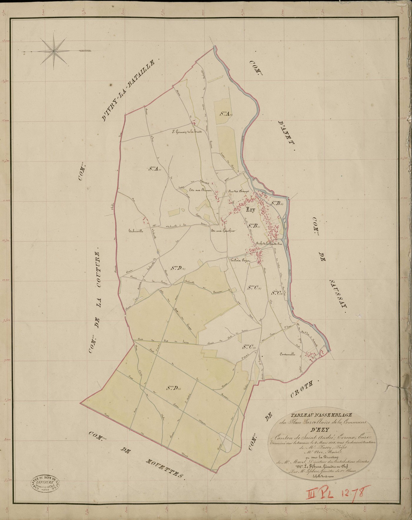Ezy-sur-Eure. Tableau d'assemblage _ du Plan Parcellaire de la Commune d'Ezy _ Canton de Saint André - Evreux - Eure. _ Terminé sur le Terrain le 4 Mars 1838, sous l'administration de M. Passy, Préfet _ M. Noe, Maire _ et sous la Direction 