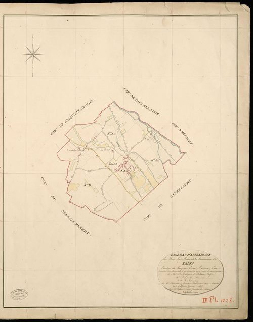 Fains. Tableau d'assemblage _ du Plan Parcellaire de la Commune de Fains _ Canton de Pacy sur Eure - Evreux - Eure. _ Terminé sur le Terrain le 25 Septembre 1852, sous l'administration de M. Le Marquis de Ste Croix, Préfet _ M. Renault, Mai