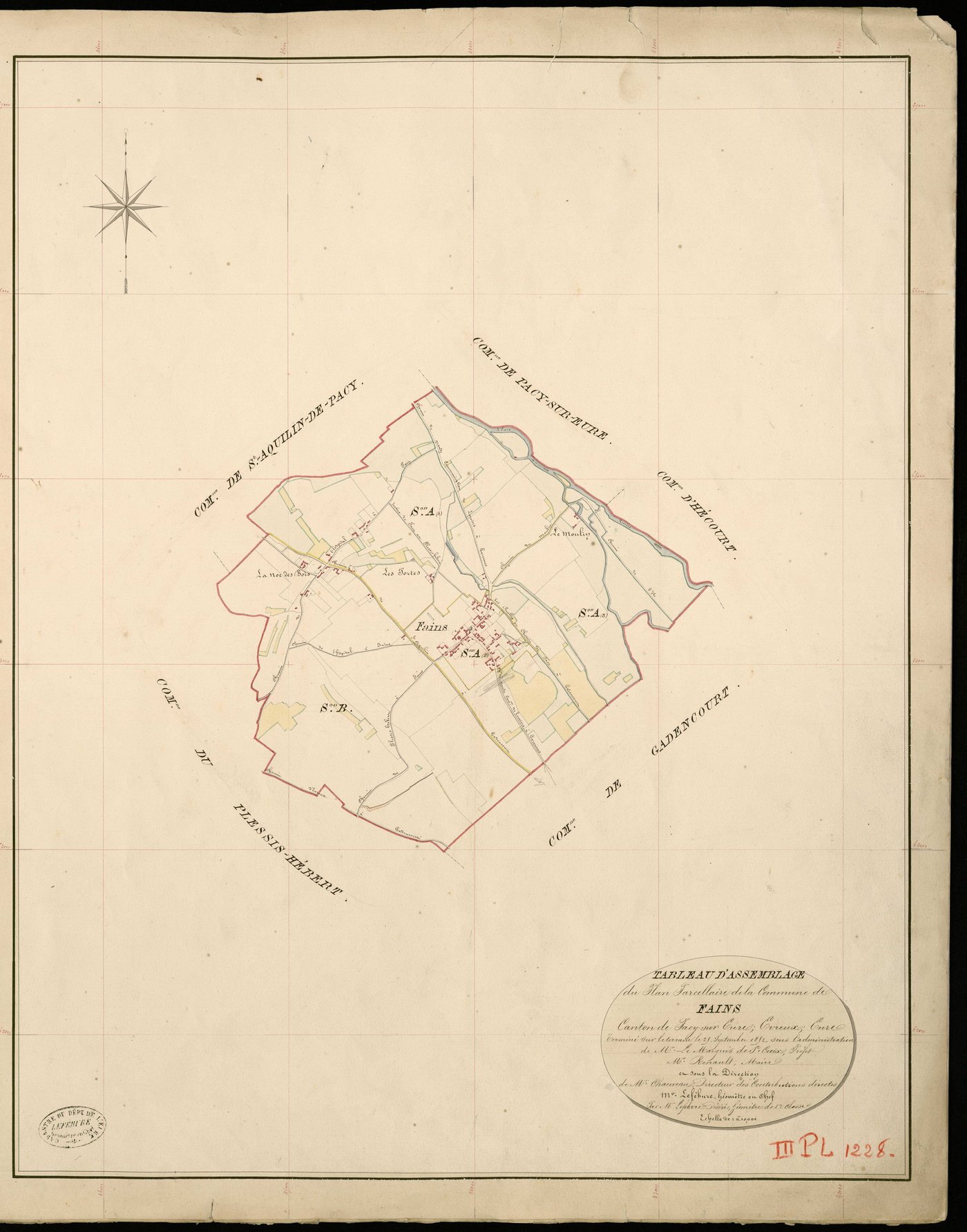 Fains. Tableau d'assemblage _ du Plan Parcellaire de la Commune de Fains _ Canton de Pacy sur Eure - Evreux - Eure. _ Terminé sur le Terrain le 25 Septembre 1852, sous l'administration de M. Le Marquis de Ste Croix, Préfet _ M. Renault, Mai
