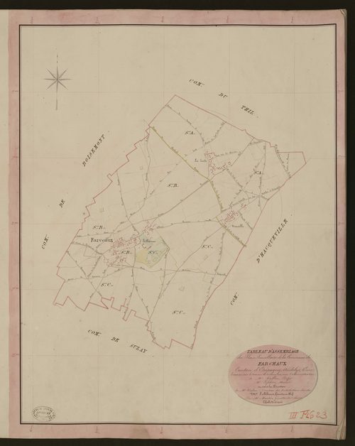 Farceaux. Tableau d'assemblage du Plan Parcellaire de la Commune de Farceaux. _ Canton d'Etrépagny - Andelys - Eure. _ Terminé sur le terrain le 4 mars 1850, sous l'administration de M. Vallont, Préfet - M. Lefebvre, Maire et sous la direct