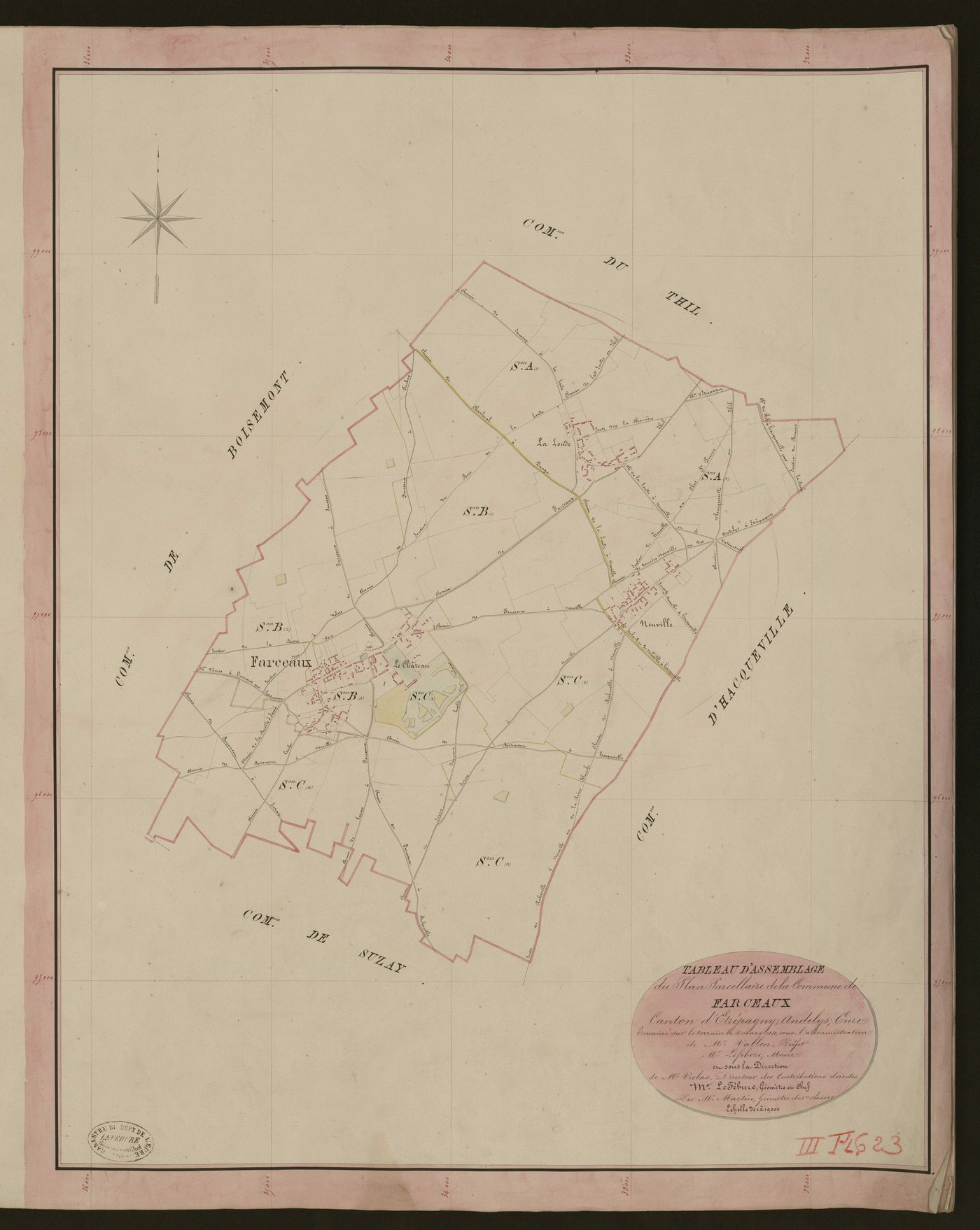 Farceaux. Tableau d'assemblage du Plan Parcellaire de la Commune de Farceaux. _ Canton d'Etrépagny - Andelys - Eure. _ Terminé sur le terrain le 4 mars 1850, sous l'administration de M. Vallont, Préfet - M. Lefebvre, Maire et sous la direct