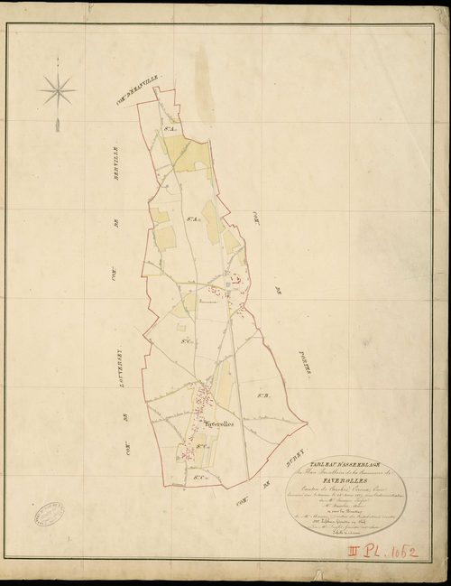 Faverolles-la-Campagne. Tableau d'assemblage _ du Plan Parcellaire de la Commune de Faverolles _ Canton de Conches - Evreux - Eure. _ Terminé sur le Terrain le 28 Mars 1859 , sous l'administration de M. Javier, Préfet _ M. Beuselin, Maire _