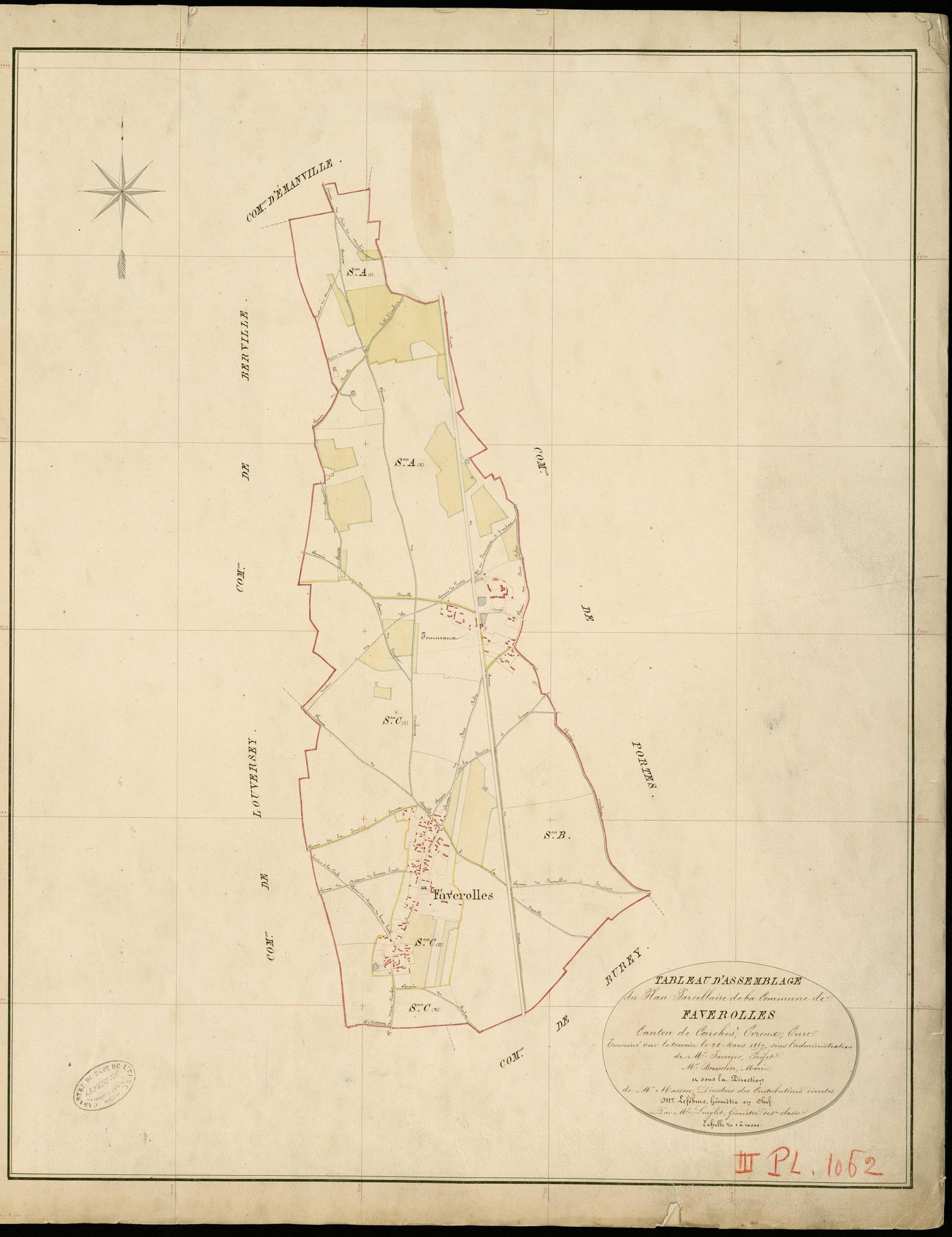 Faverolles-la-Campagne. Tableau d'assemblage _ du Plan Parcellaire de la Commune de Faverolles _ Canton de Conches - Evreux - Eure. _ Terminé sur le Terrain le 28 Mars 1859 , sous l'administration de M. Javier, Préfet _ M. Beuselin, Maire _