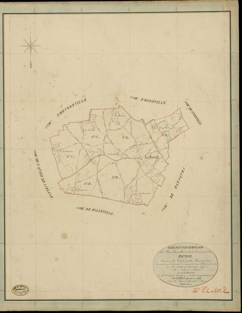 Favril (Le). Tableau d'assemblage _ du Plan Parcellaire de la Commune de Favril _ Canton de Thiberville - Bernay - Eure. _ Terminé sur le Terrain le 25 Mars 1846 , sous l'administration de M. Petit de Bantel, Préfet _ M. Salerne, Maire _ so
