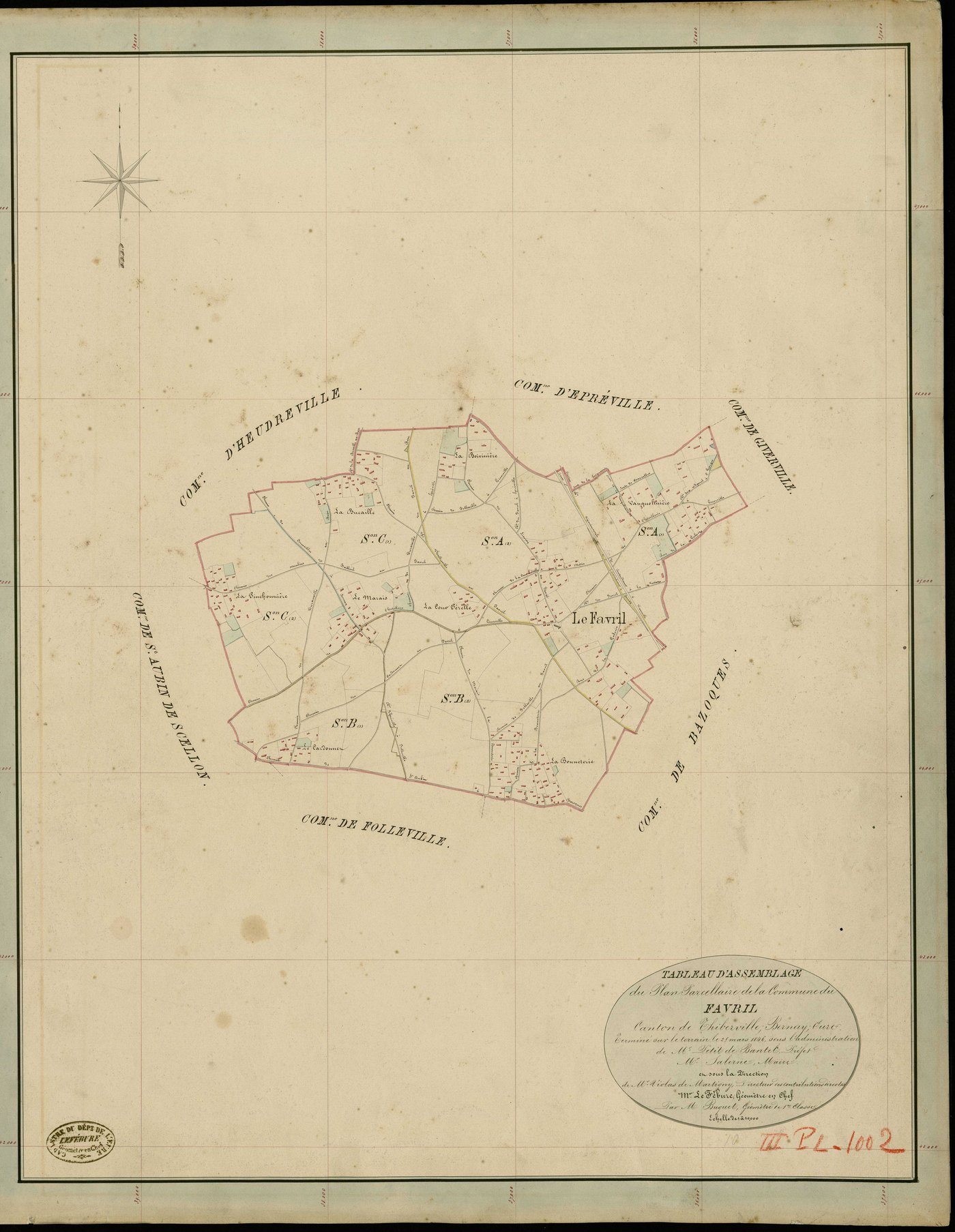 Favril (Le). Tableau d'assemblage _ du Plan Parcellaire de la Commune de Favril _ Canton de Thiberville - Bernay - Eure. _ Terminé sur le Terrain le 25 Mars 1846 , sous l'administration de M. Petit de Bantel, Préfet _ M. Salerne, Maire _ so