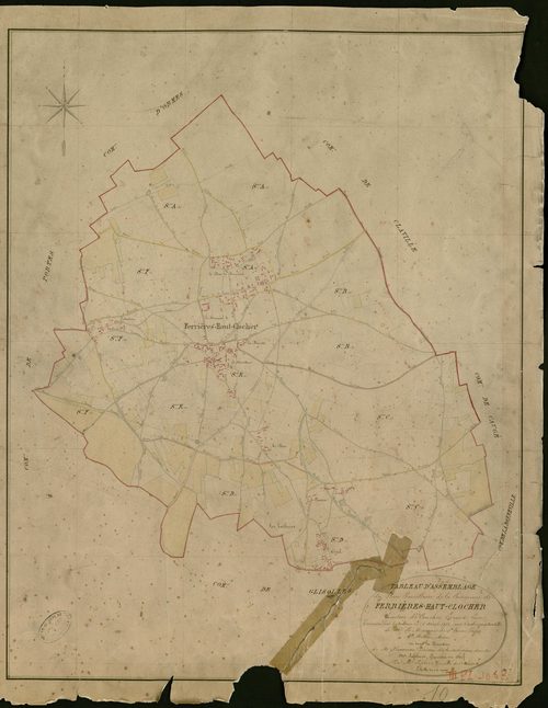 Ferrières-Haut-Clocher. Tableau d'assemblage _ du Plan Parcellaire de la Commune de Ferrières-Haut-Clocher _ Canton de Conches - Evreux - Eure. _ Terminé sur le Terrain le 15 Avril 1854 , sous l'administration de M. Le marquis de St Croix, 