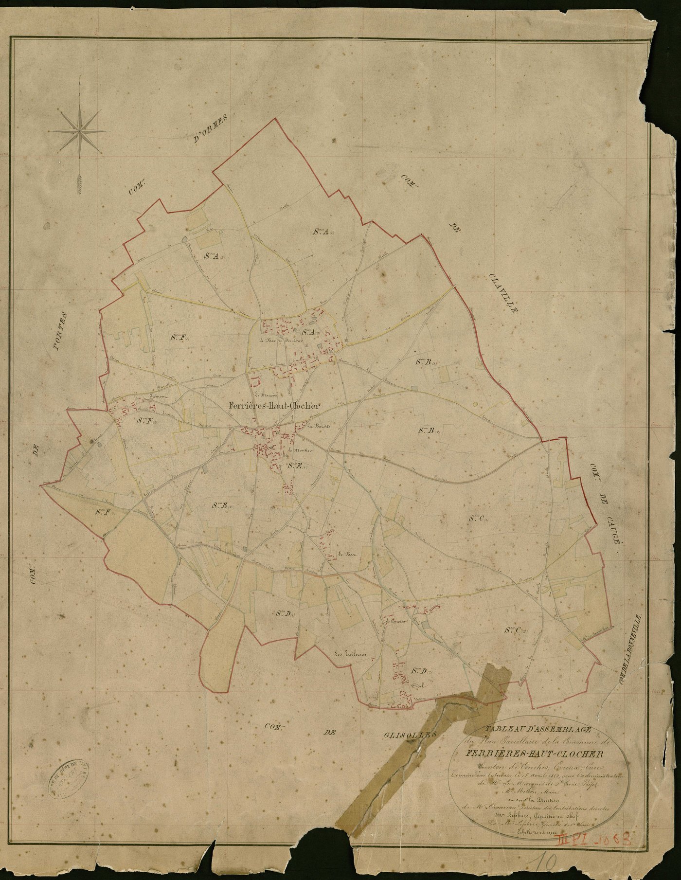 Ferrières-Haut-Clocher. Tableau d'assemblage _ du Plan Parcellaire de la Commune de Ferrières-Haut-Clocher _ Canton de Conches - Evreux - Eure. _ Terminé sur le Terrain le 15 Avril 1854 , sous l'administration de M. Le marquis de St Croix, 