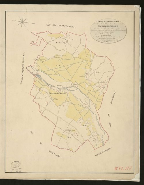 Ferrières-Saint-Hilaire. Tableau d'assemblage _ du Plan Parcellaire de la Commune de _ Ferrières-Saint-Hilaire _ Canton de Broglie - Bernay - Eure. _ Terminé sur le terrain le 21 janvier 1832 sous l'administration _ de Mr Passy, Préfet _ Mr