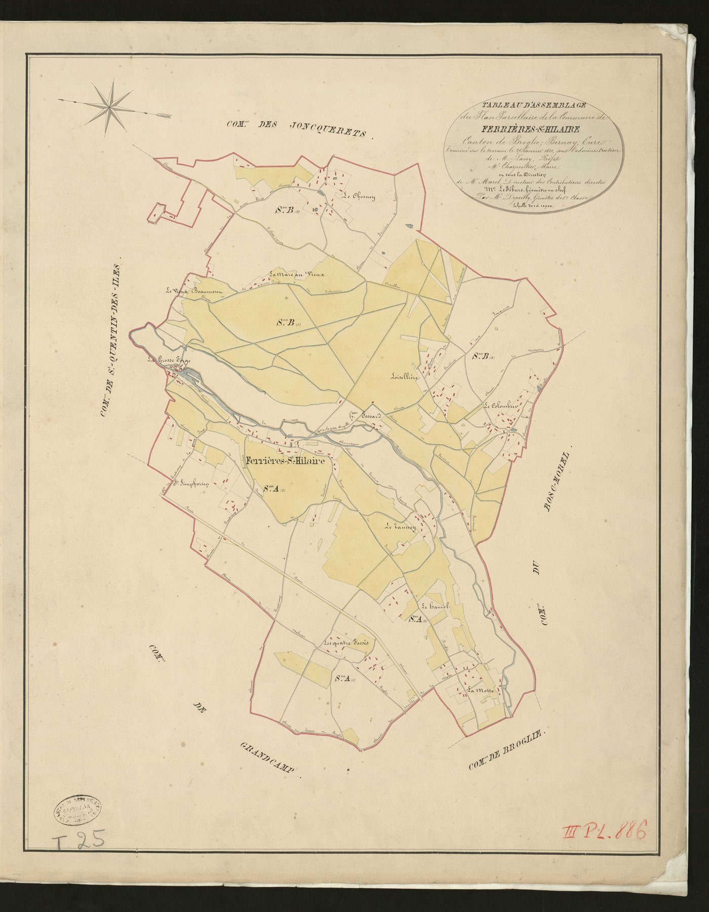 Ferrières-Saint-Hilaire. Tableau d'assemblage _ du Plan Parcellaire de la Commune de _ Ferrières-Saint-Hilaire _ Canton de Broglie - Bernay - Eure. _ Terminé sur le terrain le 21 janvier 1832 sous l'administration _ de Mr Passy, Préfet _ Mr